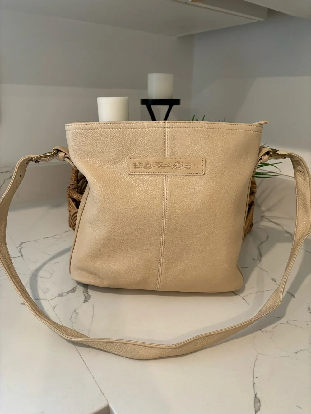 Fossil Vintage 1990’s Pebbled Leather Organizer Crossbody Light Beige 75082